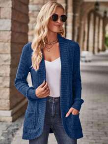 SHEIN LUNE 女士休闲罗纹磨毛开襟侧袋短裤薄外套 - 藍色 - 查看 7