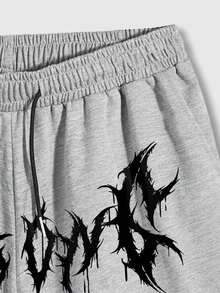 ROMWE MEN Men's Cross & Gothic Letter Print Drawstring Waist Pocket Casual Shorts - Grey - View 4