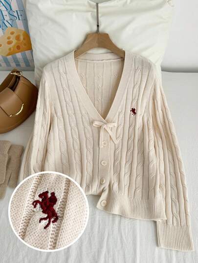 SHEIN EZwear Cárdigan de punto rojo y blanco con lazo navideño, suave y cómodo, adecuado para Navidad, vacaciones, cárdigan bordado para mujeres