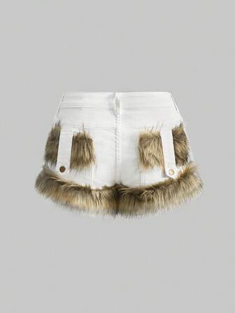 Grunge Punk Shorts di jeans vintage alla moda con patchwork in pelliccia per donne