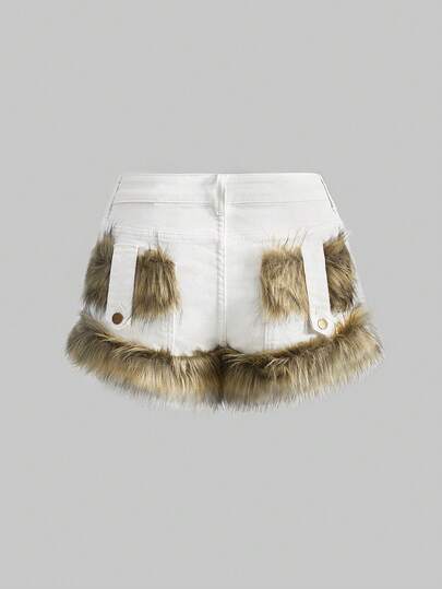 Grunge Punk Women's Kpop Fashionable Vintage Fuzzy Patchwork Denim Shorts