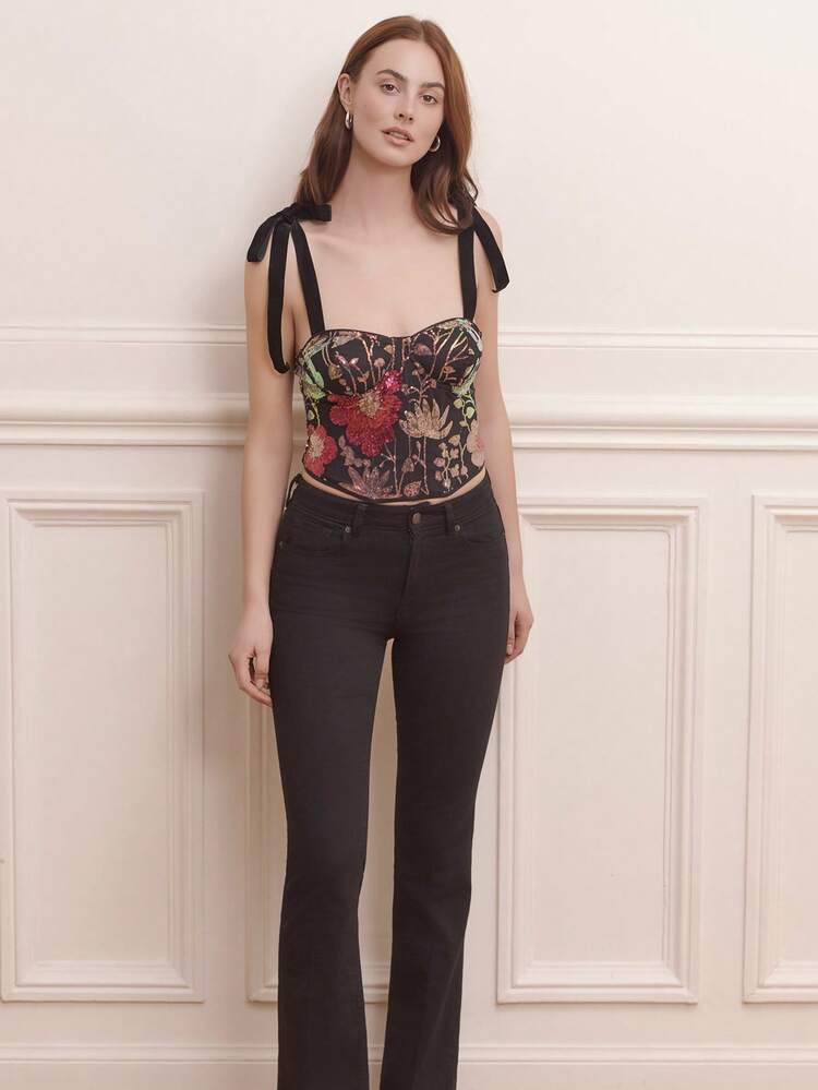 Floral Sequin Bustier Top With Velvet Tie Straps Vintage Style Spring Summer Party Evening Top Shiny Top Premium Top