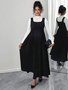 SHEIN 孕妇纯色方领吊带优雅时尚连衣裙 - 黑色 - 查看 4