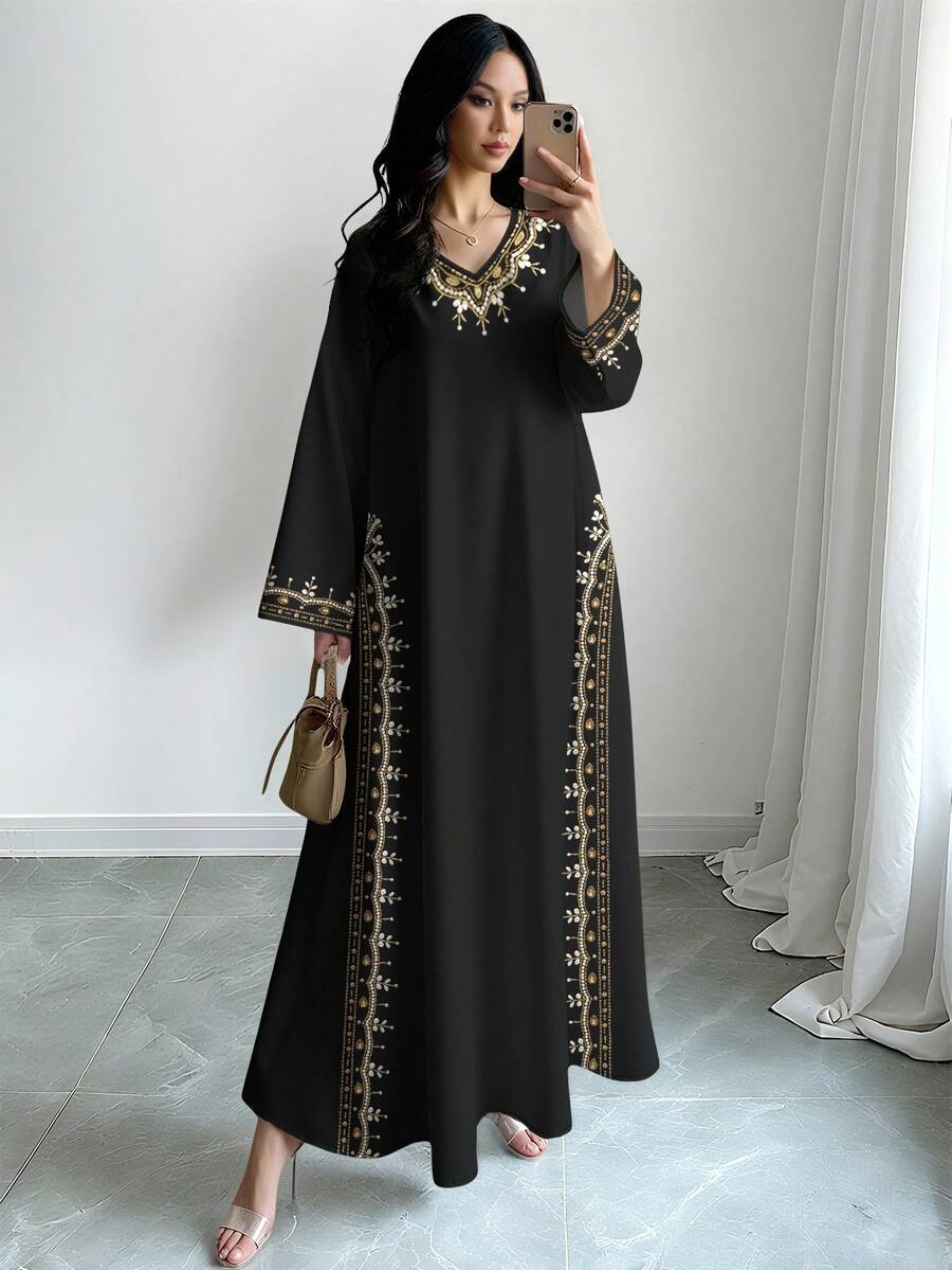 SHEIN Najma 女士花卉仿珍珠印花V领长袖优雅大码阿拉伯风格长裙，春秋季 - 彩色 - 查看 1