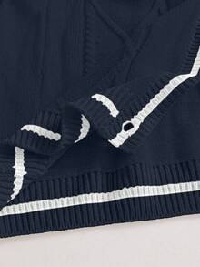 Sparklyn 女童开衫一件，甜美公主风，纹理针织，撞色领，黑色蝴蝶结装饰，V领，长袖针织开衫，厚度适中，百搭清新柔软舒适针织外套，适合日常和上学穿着，春秋季 - 藏蓝色 - 查看 6