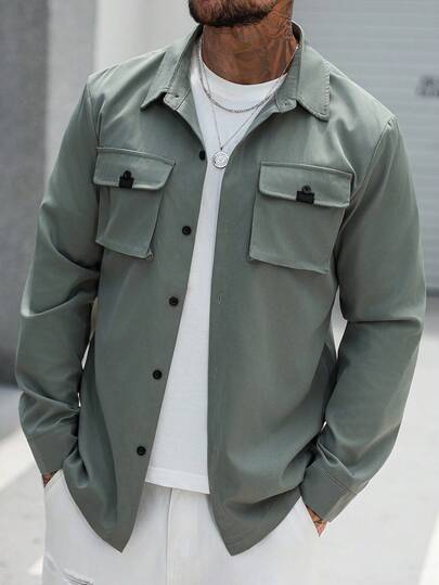 Manfinity Homme 男士纯色休闲夹克，男士鼠尾草绿衬衫，男士橄榄绿衬衫，男士灰绿色上衣，男士绿色夹克，秋季