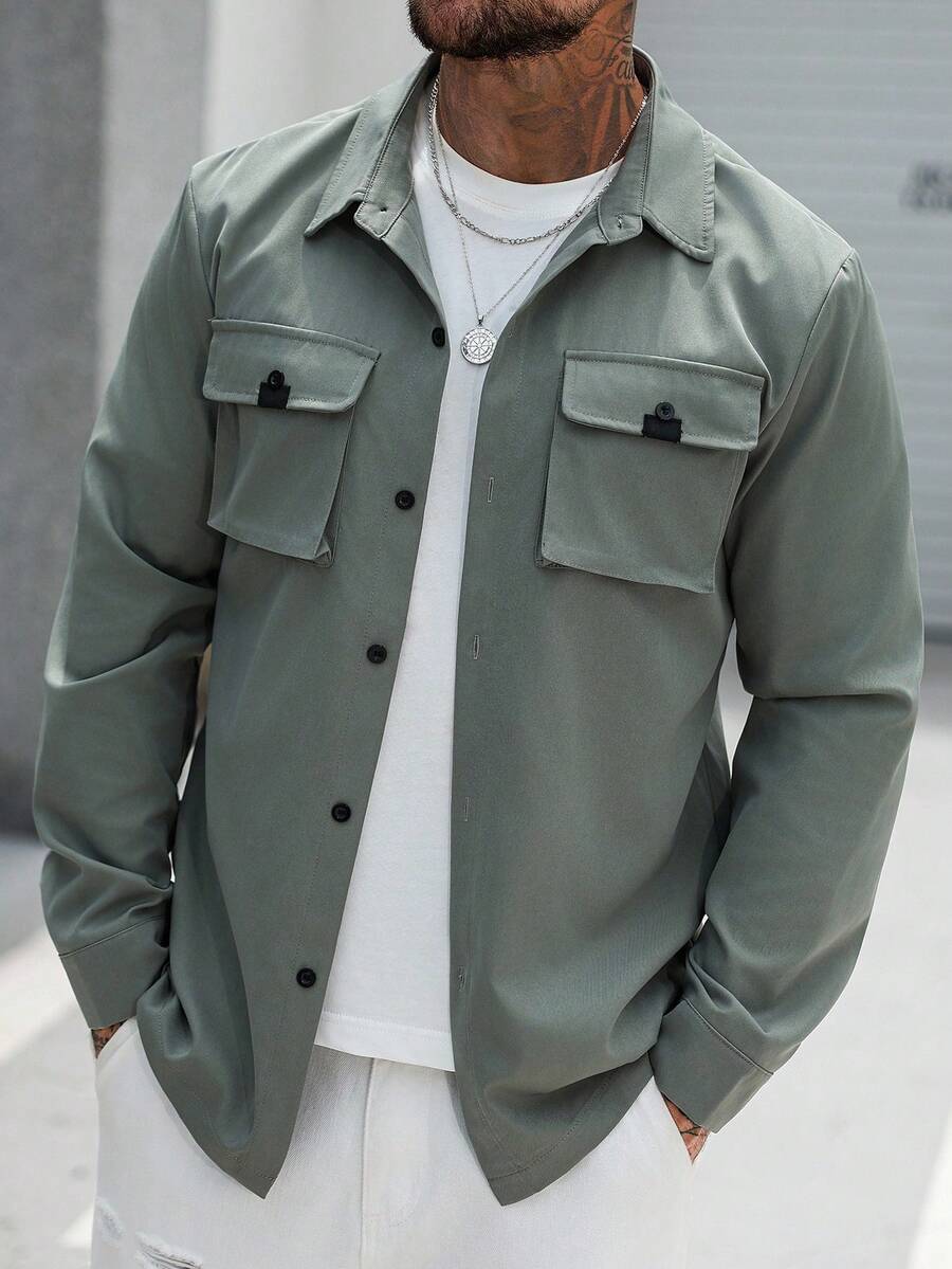 Manfinity Homme Men's Solid Color Casual Shacket, Men Sage Green Shirt, Olive Green Men Shirt, Men S Dusty Green Tops, Green Jacket For Men , Fall - Green - View 1