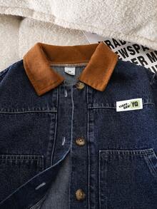 Genkimix Kids 男童牛仔拼接灯芯绒宽松短款夹克 - 藍色 - 查看 6