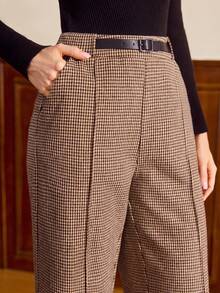 Vintamour 复古经典优雅女士长裤，修身提花格纹长裤，带腰带环和口袋，棕色，秋冬款 - 棕色 - 查看 1