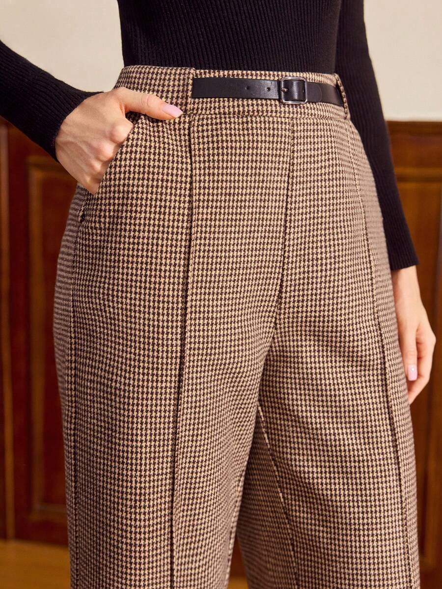 Vintamour 复古经典优雅女士长裤，修身提花格纹长裤，带腰带环和口袋，棕色，秋冬款 - 棕色 - 查看 1