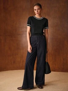 MOTF PREMIUM CONTRAST TRIM SHORT SLEEVE KNIT TOP - Black - View 9