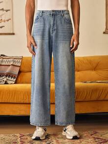 Open Phase 1 Stück locker sitzende, gewaschene Jeans Lässig Loose Hose, koreanischer Stil für Herren Frühling bis Sommer - Blau - Übersicht 3