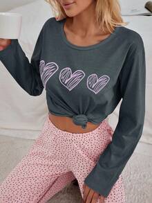 EURMUSE 100% Cotton 2Pcs  Heart Printed PJ Set