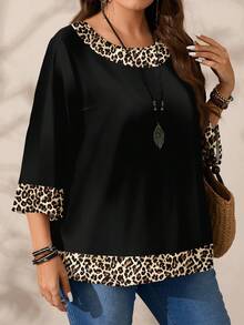 EMERY ROSE 大码女式休闲宽松浪漫豹纹圆领七分袖衬衫，黑色 - 彩色 - 查看 8