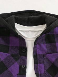 SHEIN Genkimix Kids Young BoyPlaid Pattern Hooded Shacket, Spring/Autumn - Purple - View 3