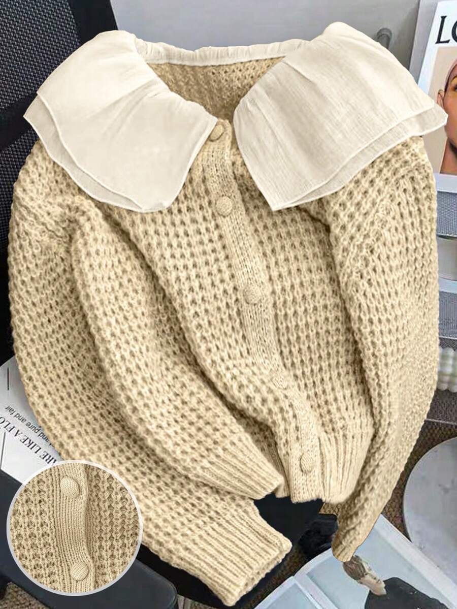 Franclia 女士休闲翻领荷叶边肩部长袖宽松针织开衫，简约纯色大码，适合秋季穿着，女士纽扣针织开衫，女士毛衣，女士针织衫 - 卡其色 - 查看 1