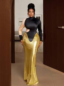 Maweii 秋冬印花修身褶裥鱼尾亮面面料金色显瘦设计高端派对连衣裙，百搭叠穿单品，适合大码女性 - 彩色 - 查看 6