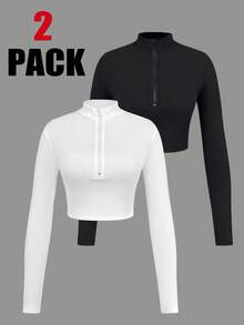 Filles préadolescentes 2 pièces/paquet T-shirt casual à col montant en tricot noir et blanc avec fermeture éclair avant, achetez-en 1 et obtenez-en 1 gratuitement, pour la rentrée scolaire, pour un port quotidien casual, hauts courts à manches longues pour préadolescentes, 2 paquets de hauts courts pour préadolescentes, Top court à manches longues pour filles, 2 paquets de hauts courts zippés pour filles, paquets de hauts courts, hauts serrés, hauts côtelés pour filles, 2 paquets de hauts serrés pour filles, hauts pour filles, hauts automne hiver