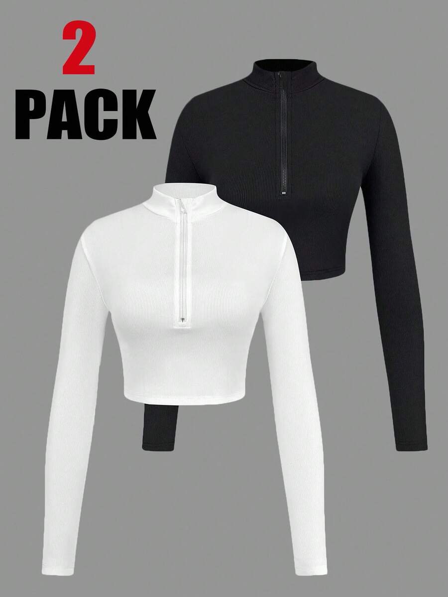 Filles préadolescentes 2 pièces/paquet T-shirt casual à col montant en tricot noir et blanc avec fermeture éclair avant, achetez-en 1 et obtenez-en 1 gratuitement, pour la rentrée scolaire, pour un port quotidien casual, hauts courts à manches longues pour préadolescentes, 2 paquets de hauts courts pour préadolescentes, Top court à manches longues pour filles, 2 paquets de hauts courts zippés pour filles, paquets de hauts courts, hauts serrés, hauts côtelés pour filles, 2 paquets de hauts serrés pour filles, hauts pour filles, hauts automne hiver