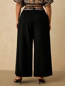 Travachic بنطلون فضفاض بخصر واسع للنساء البدينات، بنطلون فريد مخصص ذو ساق واسعة مع جيوب، بنطلون قطني مريح للنساء في فصل الخريف/الشتاء، فستان أسود - الأسود - مشاهدة 2