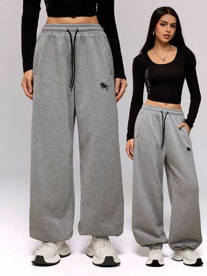 Teen Girl Knitted Casual Graphic Thermal Lined Loose Sweatpants,