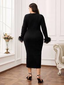 Modelyn Große Größen Damen Pailletten 3D Blumen Dekor Splice Flauschige Manschette Figurbetontes elegantes Strickkleid - Schwarz - Übersicht 2