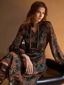 MOTF PREMIUM PAISLEY PRINT BELTED DRESS - Green - View 6