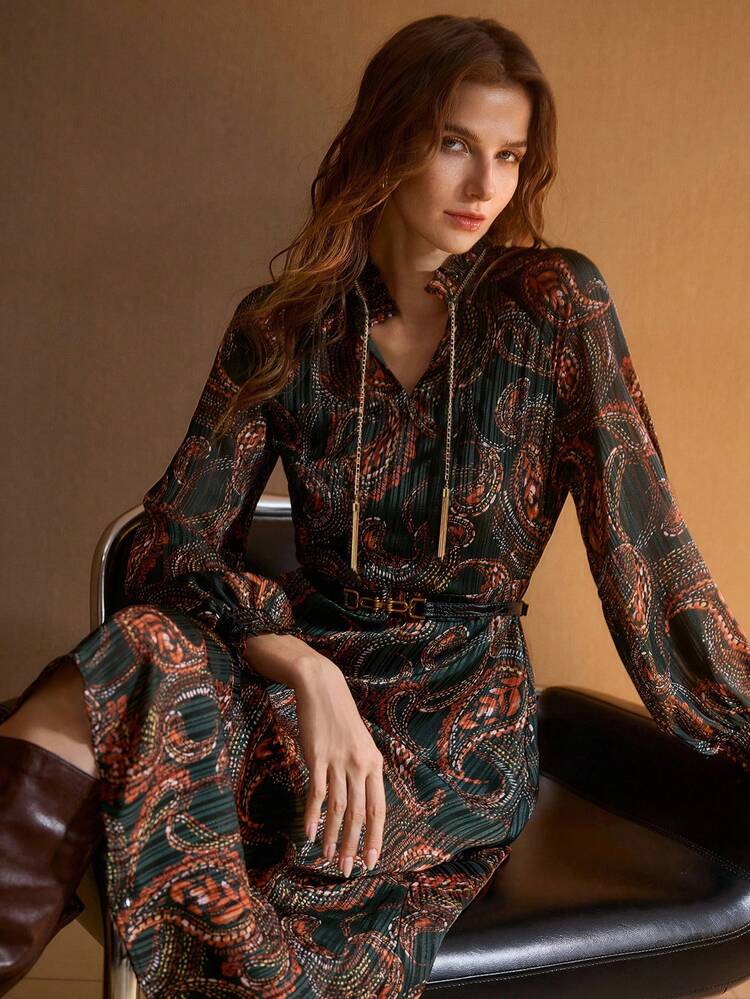 PAISLEY PRINT BELTED DRESS