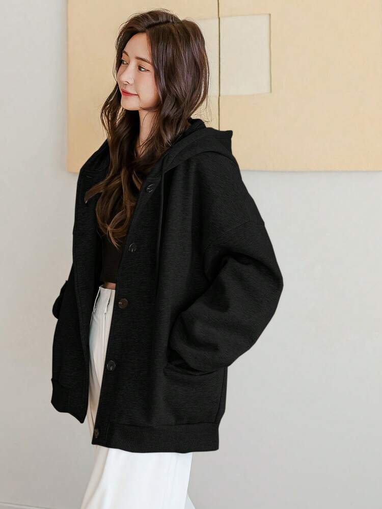 Women's Casual Loose Fit Hooded Sweatshirt, Solid Black Color, Street Style, Thermal Lined, Autumn/Winter Hoodies