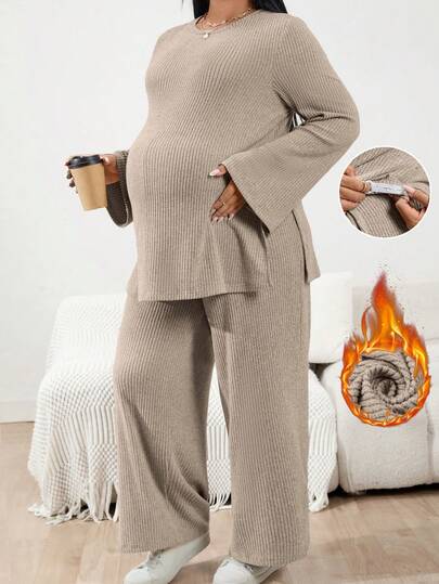 SHEIN 2pcs Maternity Plus Size Solid Color Round Neck Long Sleeve Ribbed T-Shirt And Adjustable Waist Pants Casual Set