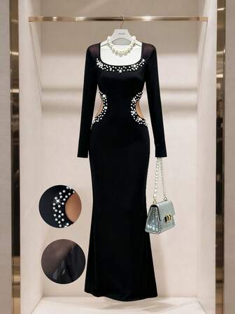 Rafferiza Elegant U-ringad mesh-lapptäcke med lång ärm och sexig urringning, åtsittande midja, pärldekor, hög slits, enfärgad klänning för kvinnor