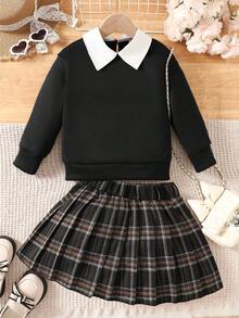 SHEIN Elladie kids 2件套女童休闲毛绒衬衫领卫衣和格子百褶裙套装，适合春秋季穿着 - 黑色 - 查看 4