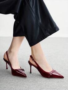 CUCCOO BIZCHIC 女士尖头细高跟露跟搭扣高跟鞋，优雅百搭日常穿着，酒红色 - 酒紅色 - 查看 4