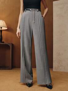 Anewsta Women's Modern Elegant Side Pleated Flare Pants With Metal Belt Decoration, Long Suit Pants - Grey - View 6