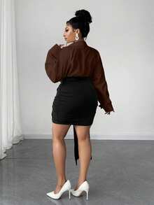 Maweii Plus Size Asymmetrical Ruffle Hem Contrast Color Block Bodycon Dress - Brown - View 5