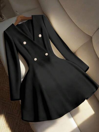 GlowEve Vestido elegante y vintage de mujer con cuello en V, doble botonadura, manga larga, ajustado a la cintura y corte evasé, minimalista y elegante para el uso diario