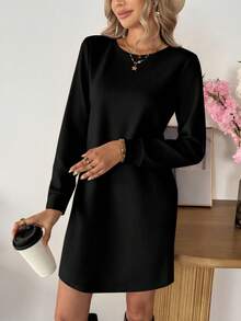 SHEIN LUNE Women's Crew Neck Long Sleeve Solid Ribbed Casual Shift Mini Dress Long Sleeve Black Dress,Casual - Black - View 5