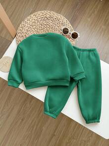 SHEIN 女婴可爱灰色字母印花长袖卫衣裤套装，秋冬款 - 墨綠色 - 查看 2