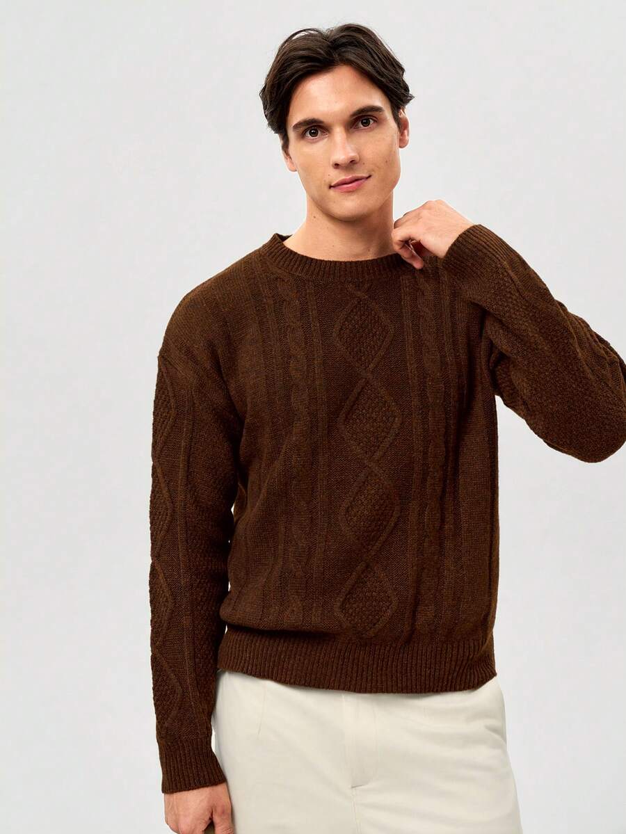 RONVEXI Herren Casual Kabel Muster Rundhals Langarm Pullover, Herbst/Winter Herren Braun Oberteile Kaschmir Herren Bekleidung Strickwaren Herren Brauner Pullover Herren Pullover für Herren Kaschmir Herren Bekleidung - Kaffeebraun - Übersicht 1