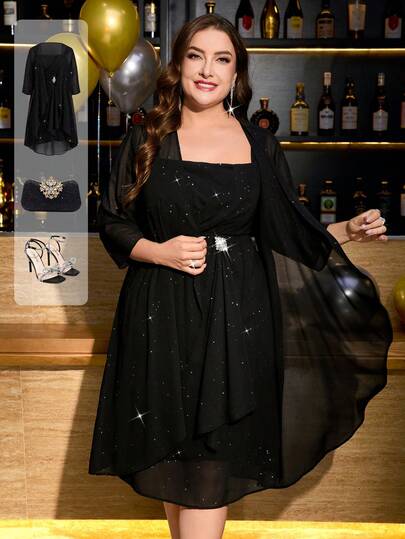 Ellevyn Plus Size Elegant Chiffon 2 Pieces Set: Autumn/Winter Flowing Chiffon Jacket And Multi-Layered Ruffle Chiffon Dress With Waist Rhinestone Decor