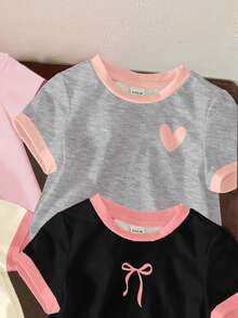SHEIN Happikins 4pcs/Set Kaos Lengan Pendek Leher Bulat Minimalis Kasual untuk Bayi Perempuan, Cocok untuk Musim Semi & Musim Panas - MultiWarna - View 6