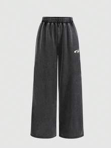 SHEIN Girlism 少女休闲配套做旧短款T恤和阔腿裤套装 - 深灰色 - 查看 3