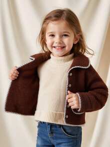 Playful Pals 年轻女孩领毛绒撞色镶边前开长袖毛绒夹克，适合外出或舒适居家的日常休闲装，冬季百搭