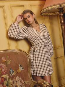 Aralina Rochie mini elegantă cu mânecă lungă, în carouri, cu imprimeu Seersucker și gingham, pentru femei, toamnă/iarnă, cu imprimeu, înfășurată și cu nod, perfectă pentru o ținută de ieșire în oraș sau pentru absolvire, de Crăciun - Maro - Vizualizare 6