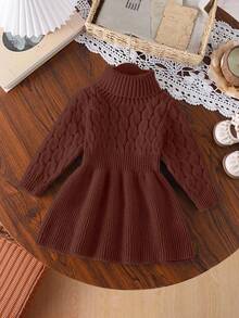 SHEIN 女婴卡其色高领套头A字毛衣连衣裙，柔软针织面料，适合室内外穿着，秋冬季 - 巧克力棕 - 查看 3