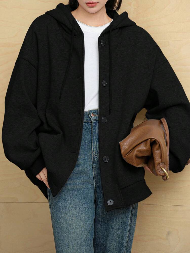 Women's Casual Loose Fit Hooded Sweatshirt, Solid Black Color, Street Style, Thermal Lined, Autumn/Winter Hoodies