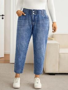 Lounesse Plus Size Casual Washed Tapered Jeans - Dark Wash - View 1