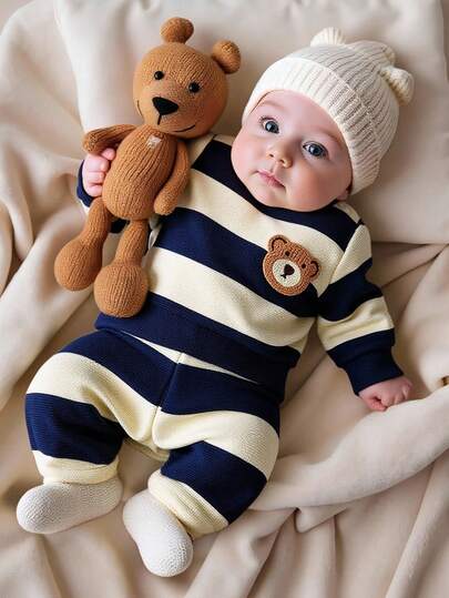 SHEIN Newborn Male Baby Black And White Striped Round Neck Long Sleeved Teddy Bear Pattern Top Paired With Same Color Pants, Fashionable, Casual, Simple And Cute