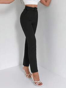 EURMUSE Solid High Waist Suit Trousers - Black - View 3