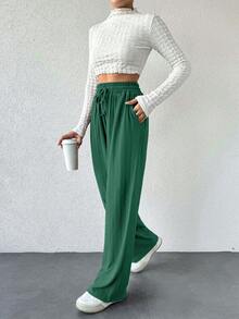 EURMUSE Elastic Waistband Drawstring H-Shape Wide Leg Design Casual Women's Long Pants